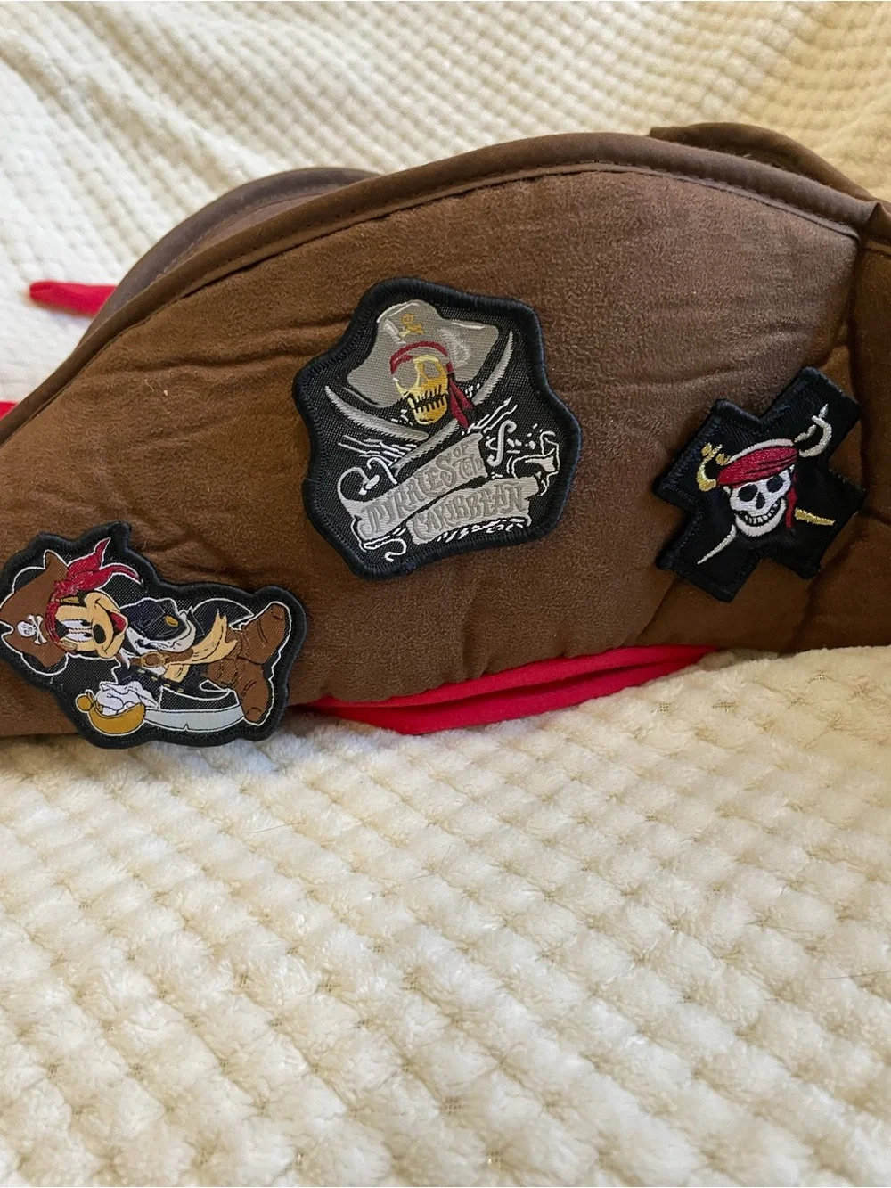 Disneyland Brown Pirate Tricorn Hat with Red Ties and Pirate Patches